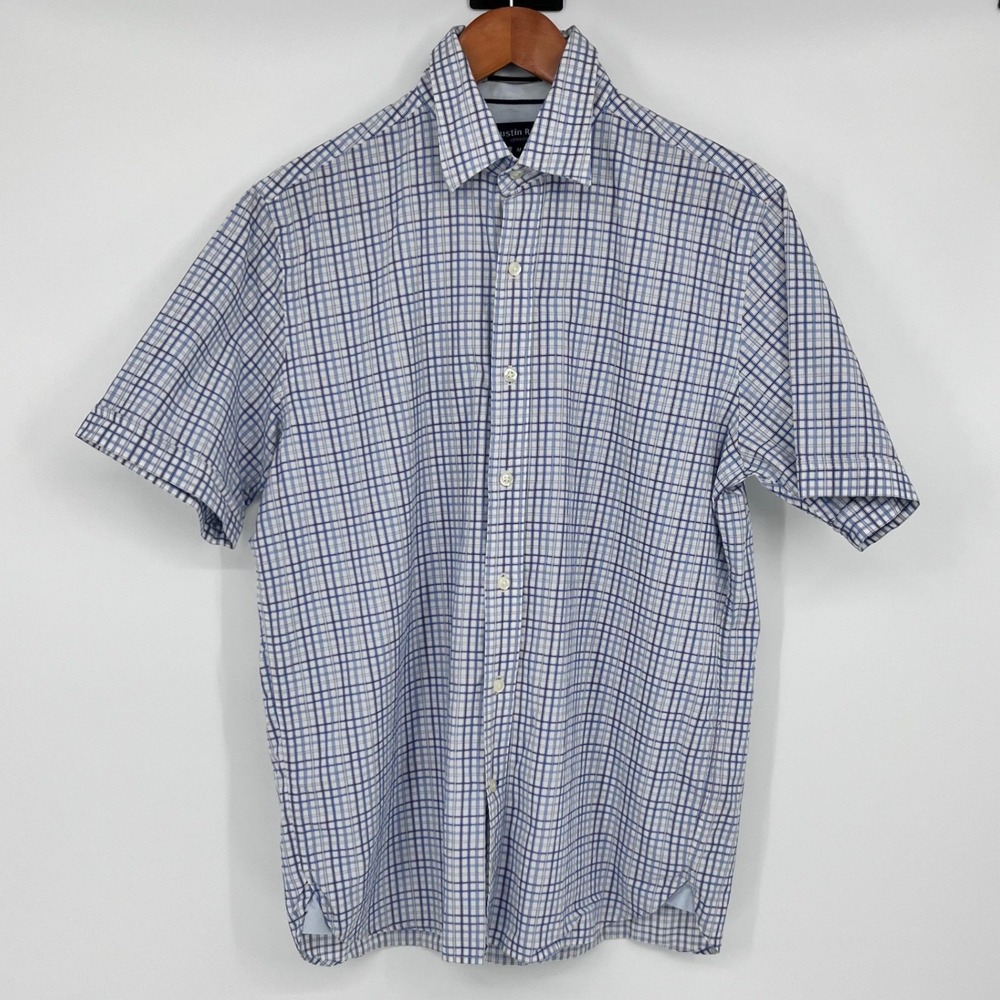 Austin‎ Reed London Mens Blue White Plaid Short Sleeve Button Down Shirt Medium